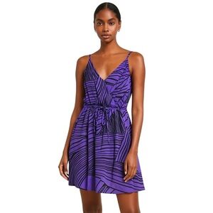 Yumi Kim Small Silk Mini Dress Purple Black Abstract Print Sleeveless Pockets